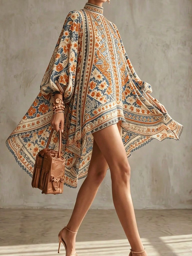 Multicolor Boho Women's Kaftan Dress With High-Low Hem, Sleeves, Paisley Print